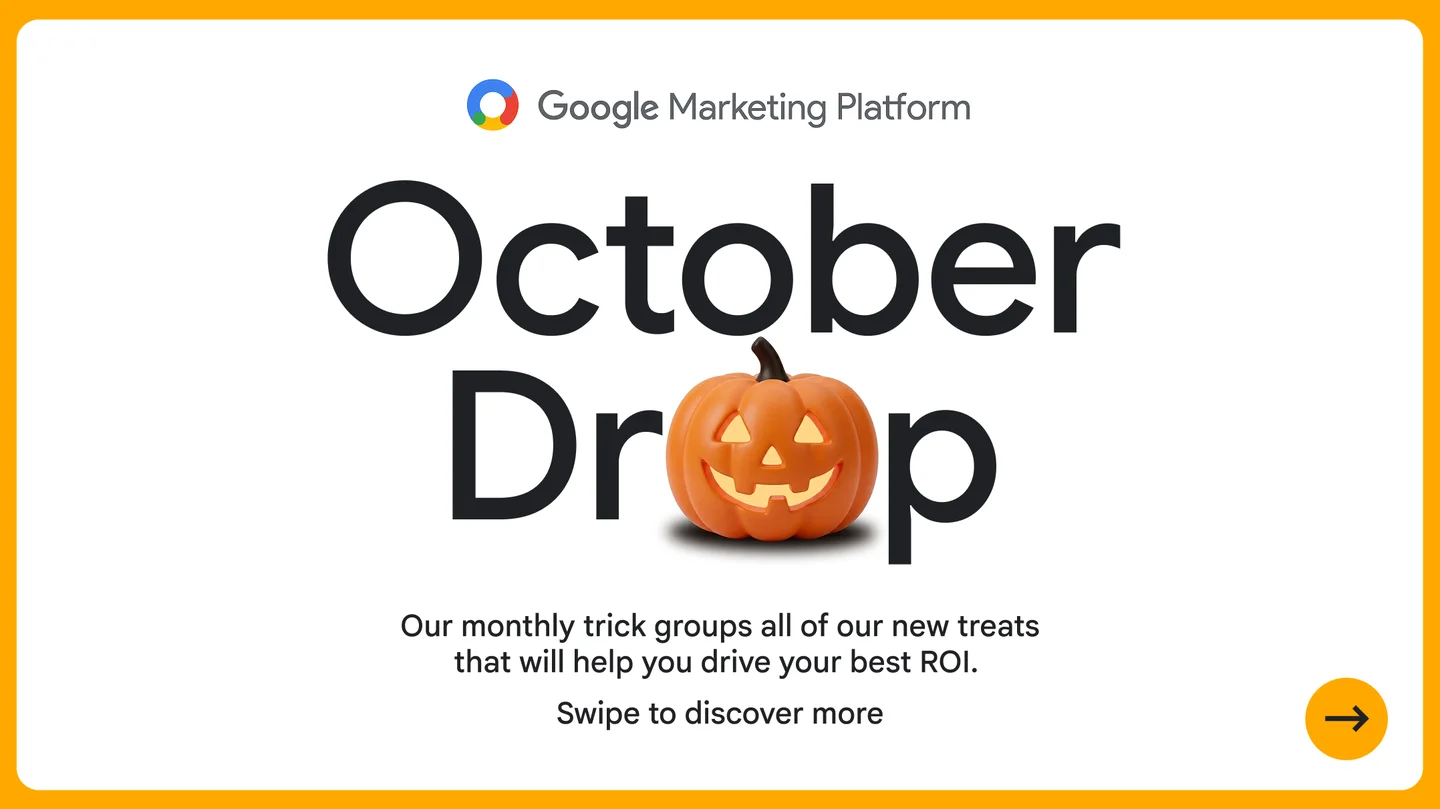 Slide de abertura do Google Marketing Platform October Drop, com uma abóbora de Halloween no lugar da letra O