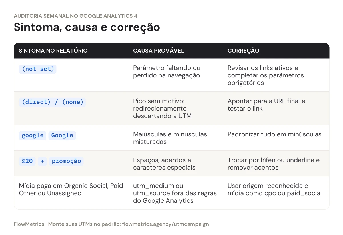 Tabela: (not set) indica parâmetro faltando, revise os links; pico de (direct) / (none) indica redirecionamento descartando a UTM, aponte para a URL final; google e Google em linhas separadas indicam maiúsculas misturadas, padronize em minúsculas; %20, + ou acentos indicam espaços e caracteres especiais, troque por hífen ou underline; mídia paga em Organic Social, Paid Other ou Unassigned indica utm_medium ou utm_source fora das regras do Google Analytics, use origem reconhecida e mídia cpc ou paid_social